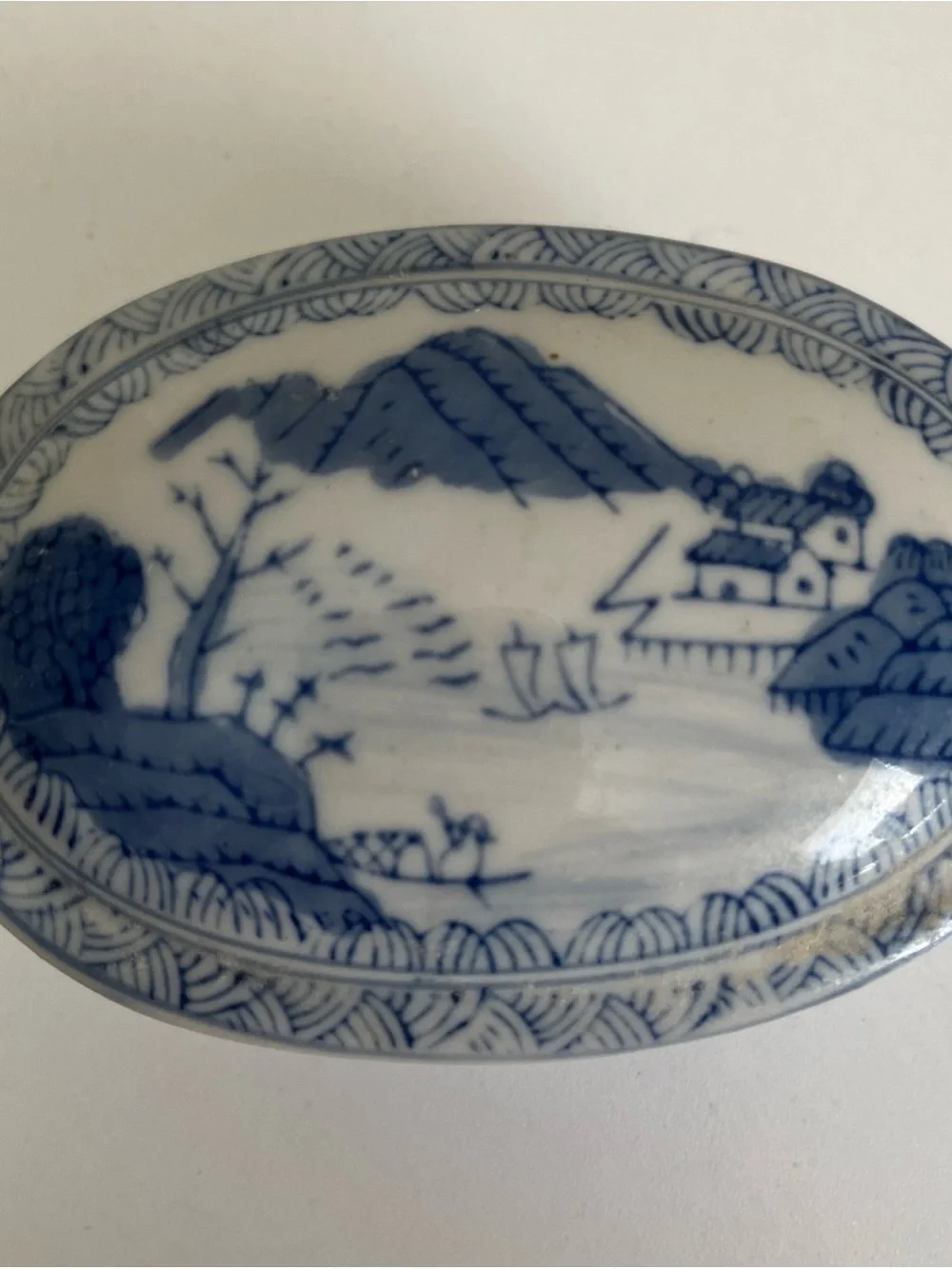 Blue and White Oval Porcelain Trinket Box